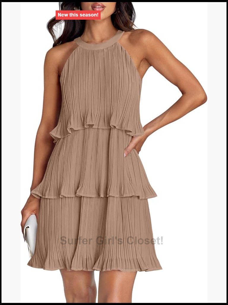 Women's Halter Cocktail Dress Sleeveless Ruffle Tiered Chiffon Pleated Wedding